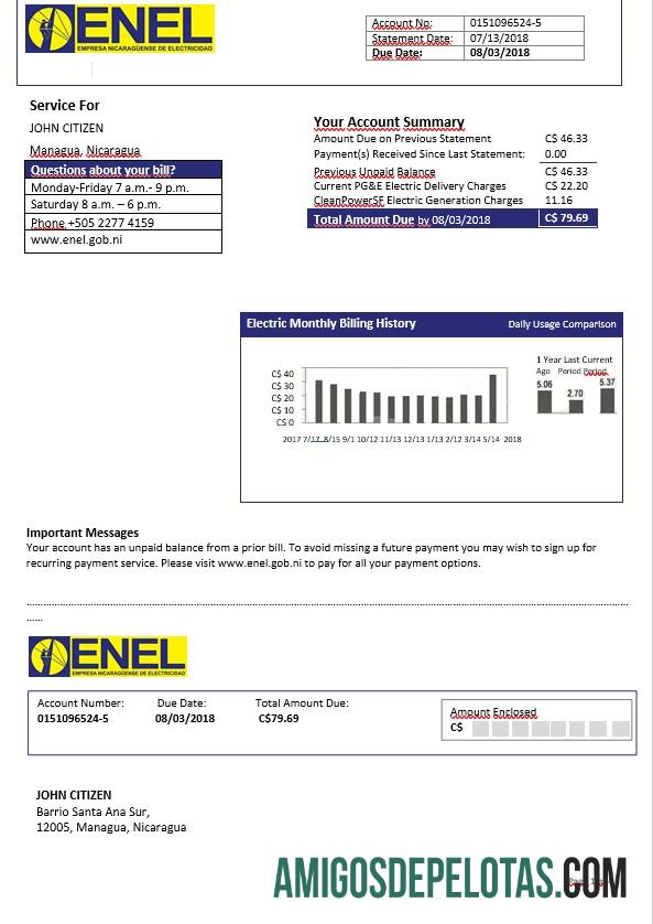Para baxiar Nicarágua Empresa de Eletricidade da Nicarágua ENEL Modelo de Conta de Eletricidade em Formato Word